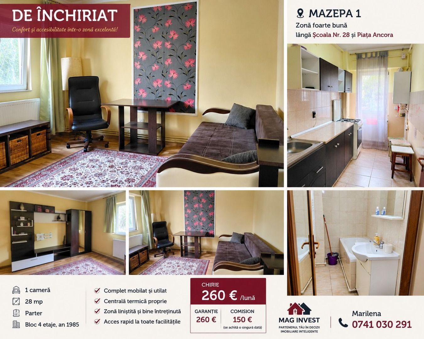 anBn-10222 De inchiriat apartament cu o camera, parter, Mazepa 1, 260 euro