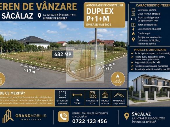 Săcălaz | Teren 682 mp | Proiect + Autorizație Duplex | 2 Fronturi - Imagine principala