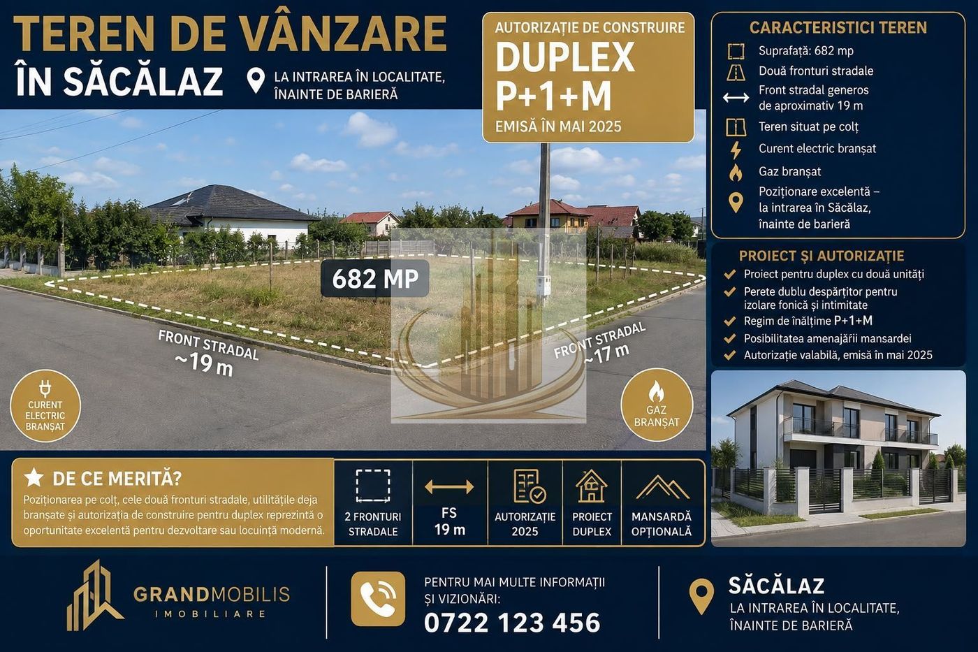 Săcălaz | Teren 682 mp | Proiect + Autorizație Duplex | 2 Fronturi - Imagine principala
