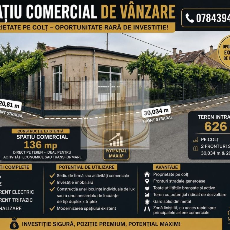 Teren intravilan-Spatiu comercial –Blascovici|626 mp|2 fronturi - Imagine principala