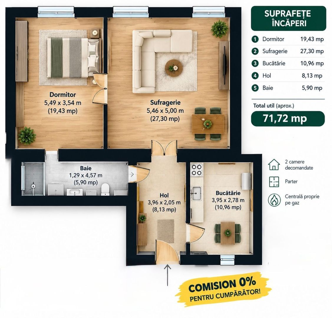 Apartament cu 2 camere la parter in Piata Catedralei Comision 0 - foto 7