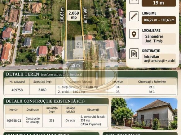 Teren 2.070 mp în Sânandrei, front 19 ml, casă locuibilă și utilități - Imagine principala